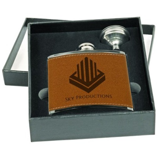 Laser Engraved Leatherette Flask Gift Set With Funnel Custom Printed